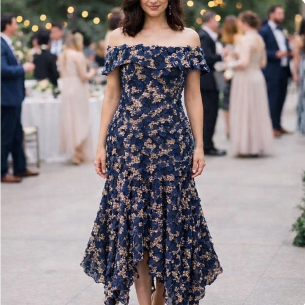 Xscape Navy Blue Pink Off Shoulder 3D Floral Applique Midi Dress Size 6 Cocktail